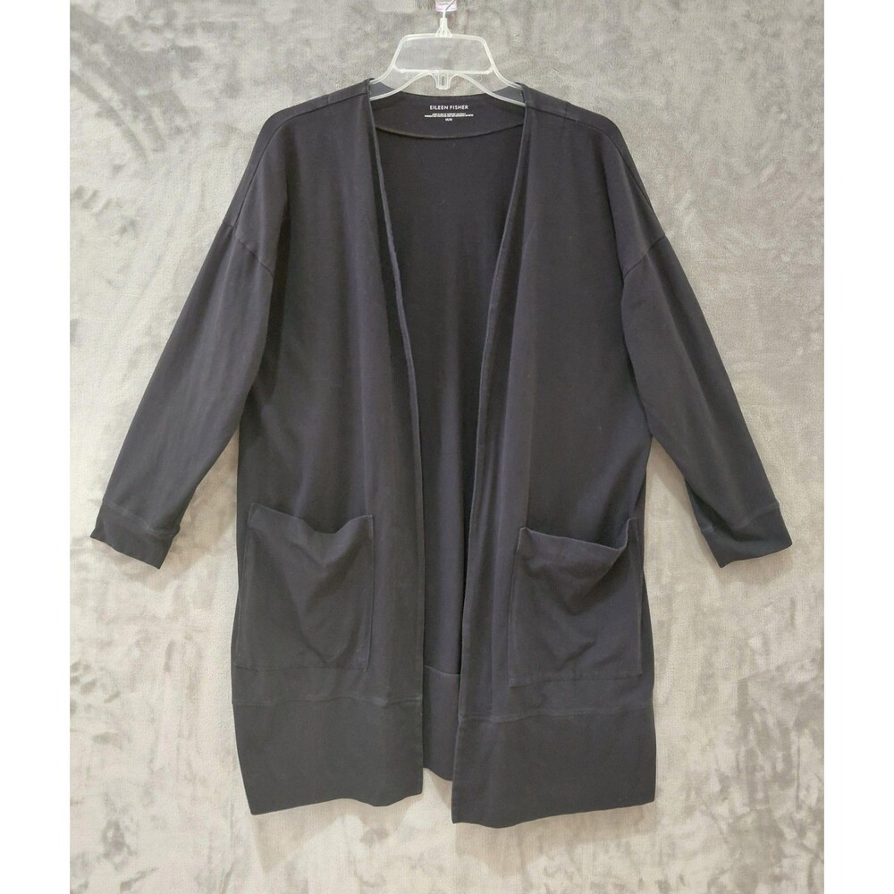 Eileen Fisher Long Sleeve Open Cardigan Women's Medium Black Pockets Minimalist